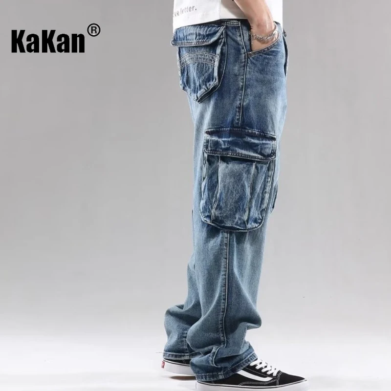 Kakan - 새로운 남성 멀티 포켓 청바지, Y2k 의류 스트리트 루즈 와이드 레그 롱 청바지 청바지 남자 브랜드