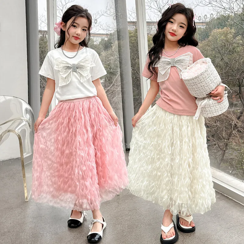 

Children Clothes Summer Bow T-shirt + Gauze Skirt Outfits for Girls Princess Party Kids Clothing Teenage Girls Sets