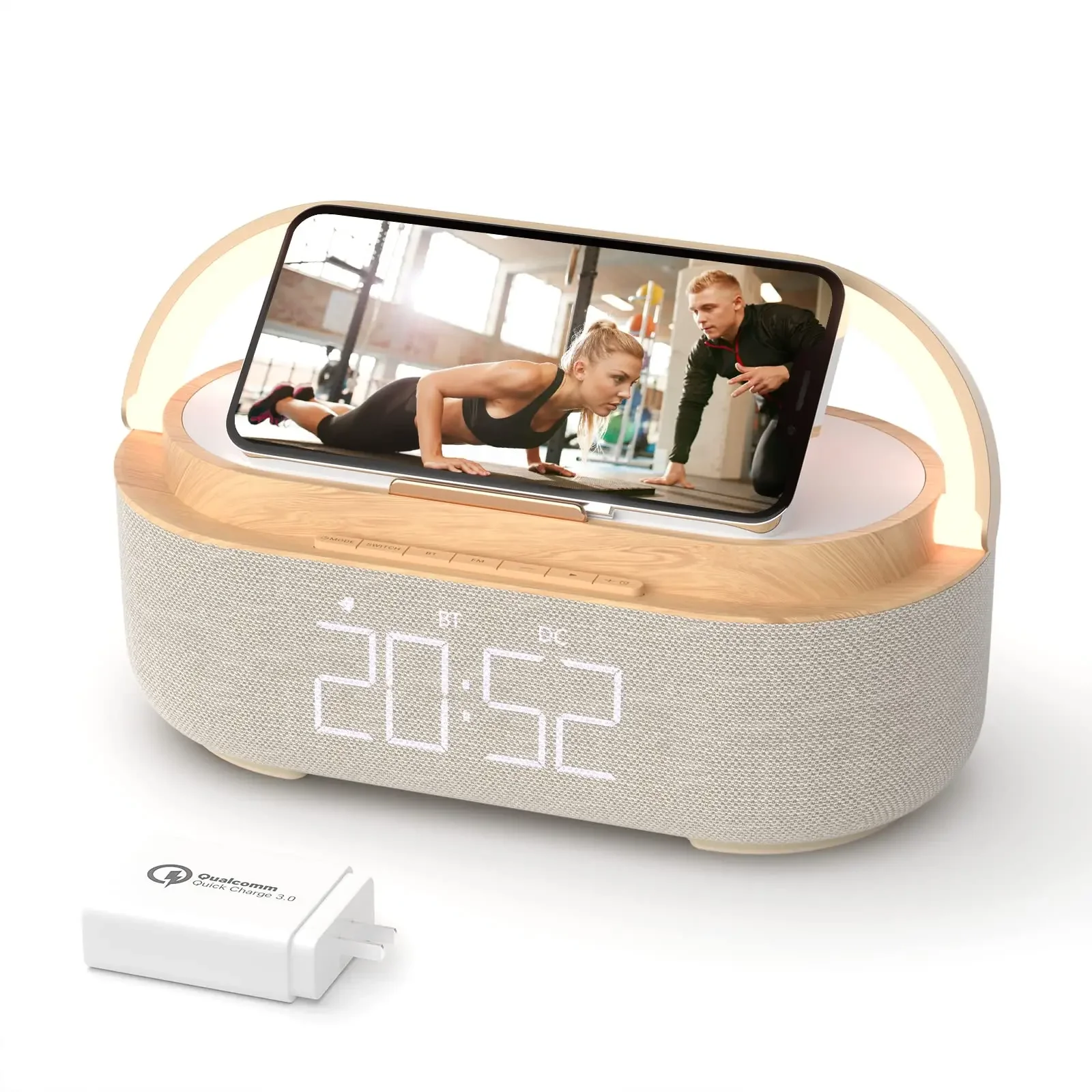 2024 Newest Wooden Bluetooth Speaker with Digital Alarm Clock Wireless Charger FM Clock Radio Adjustable LED Night Light Home