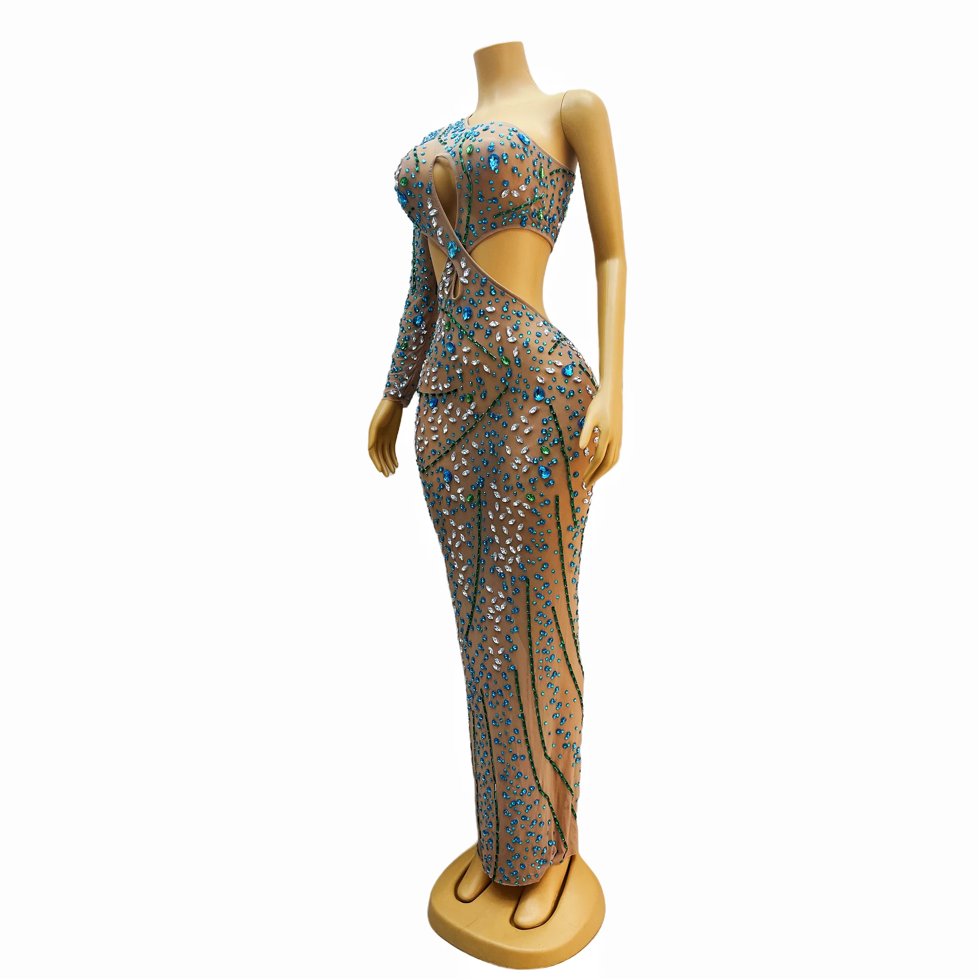 Blue Green Rhinestones Singel Sleeve Hollow Waist Dress Sexy Transparent Outfit Nightclub Birthday Party Collections lvcha