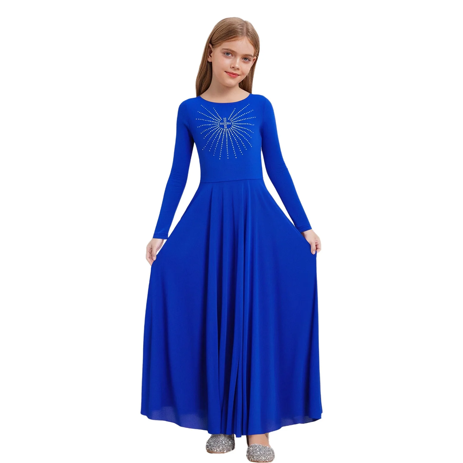 

Kids Girls Liturgical Praise Dance Dress Worship Church Choir Robe Shiny Rhinestones A-line Maxi Dress Lyrical Dance Costume