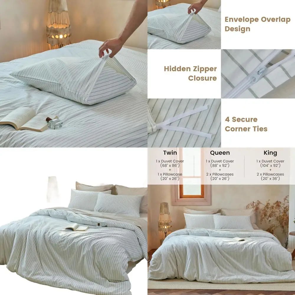 

Комплект пододеяльников King Size в хлопковую полоску с 2 наволочками — белые и шалфейно-зеленые полоски, дышащее и прочное постельное белье