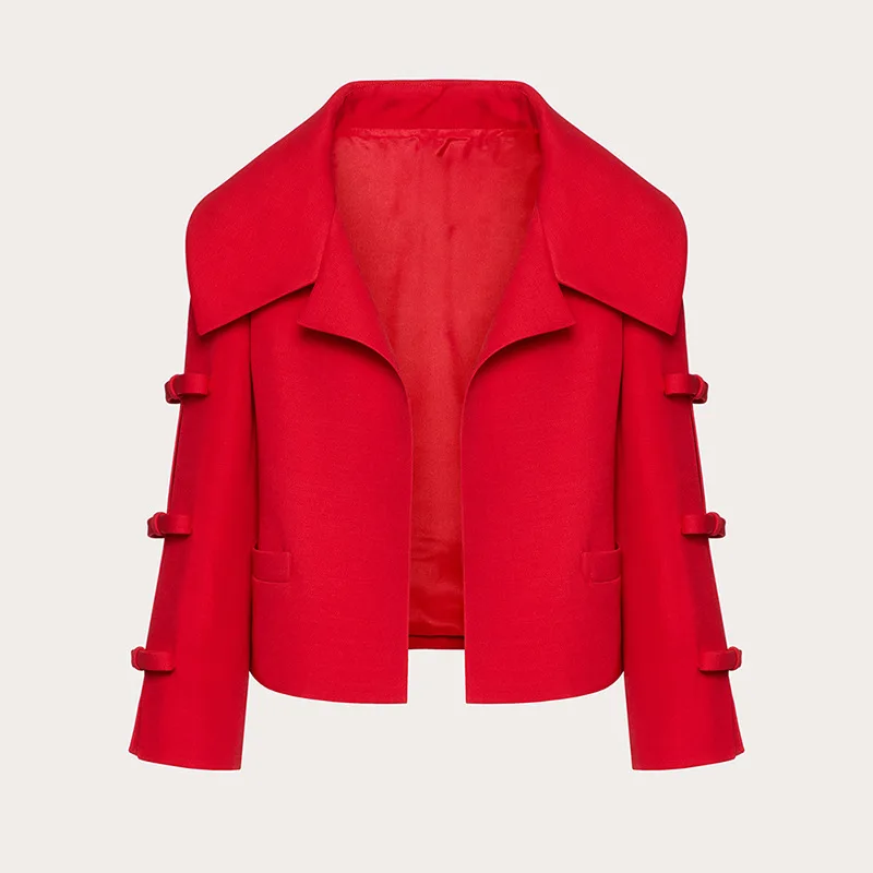 Veste cardigan à nœud découpé pour femme, revers crantés, manches trois-quarts, manteau magnifique, couleur unie, deux poches, le plus récent en stock