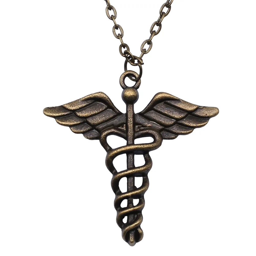 Dropshipping Antique Bronze Color 40x40mm Caduceus Medical Symbol Pendant Necklace For Women