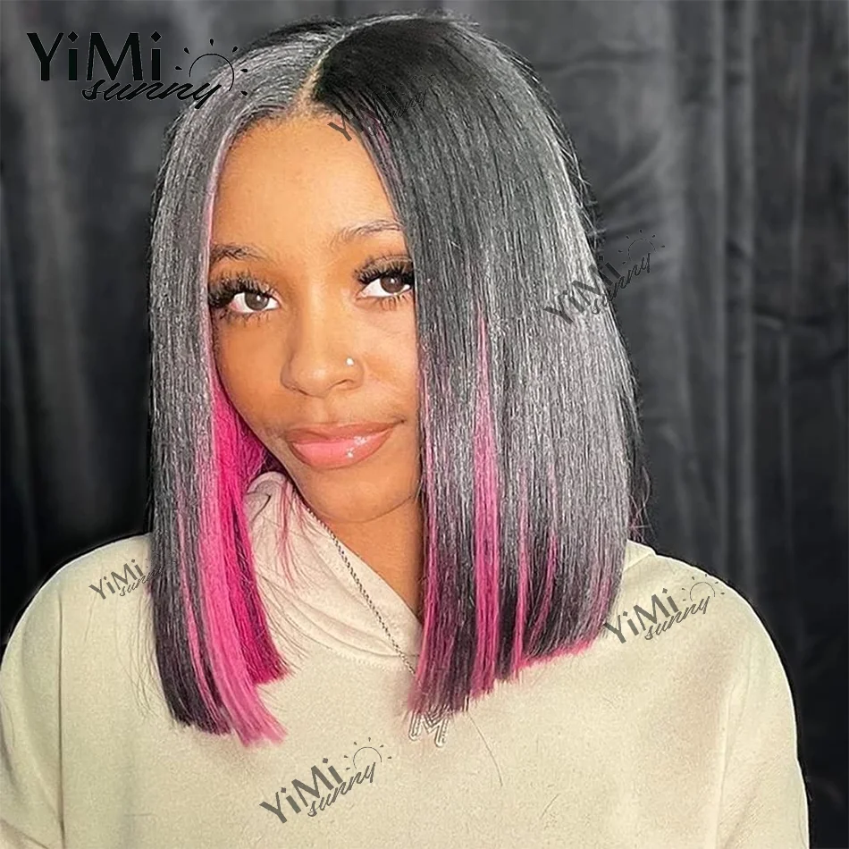 

Highlights Rose Pink Short Straight Bob Human Hair Wigs Transparent 13x4 Lace Frontal Wig Highlight Smooth Straight Yimisunny