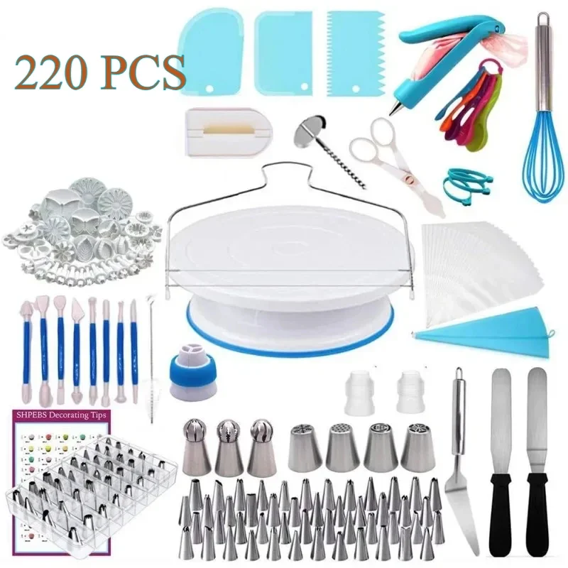 220pcs Cake Decorating Supplies Kit with Nonslip Turntable Stand, Piping Bags, Nozzle, lcing Spatula Whisk Pastry Too