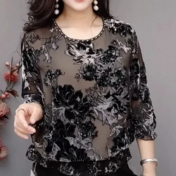 Autumn Winter Flower Western Style Top for Middle Aged and Elderly Moms Reduced Age Loose Fashion Bottom Shirt for Women