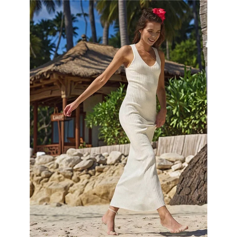ABRT-여성 2025 여름 봄 V넥 니트 미디 드레스 바디콘 캐주얼 민소매 골지 스웨터 드레스