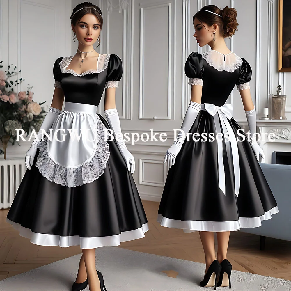 

Classic Black And White Maid Dress Short Prom Dress With Apron Costume Formal Party Gowns Customized