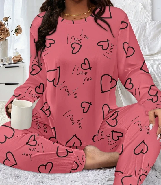 

Fashion Two-Piece Set with Heart-Shaped Printed Long Sleeved Top and Pants Set Casual Loose and Comfortable Two-Piece Set
