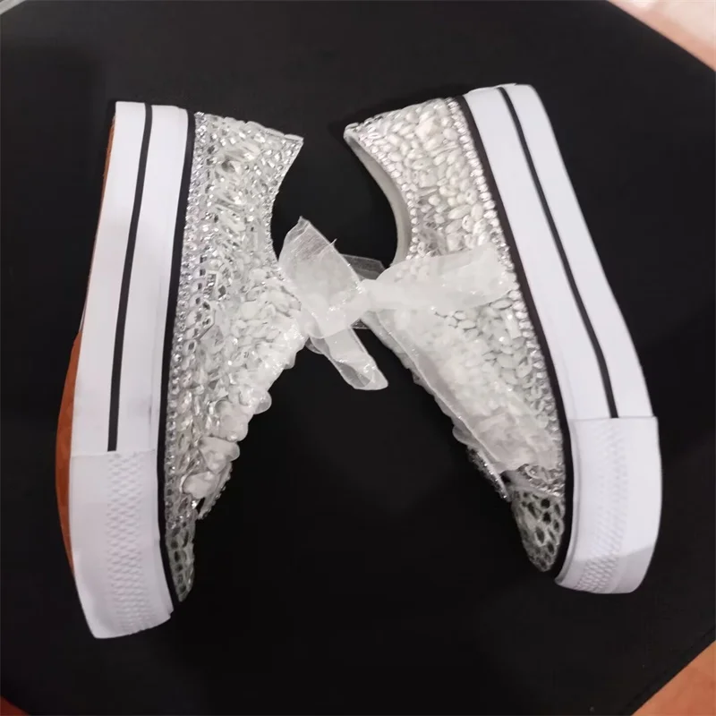 Zapatos de lona clásicos hechos a mano con diamantes de imitación para hombres y mujeres, zapatos casuales bajos con cordones, talla grande 35-46