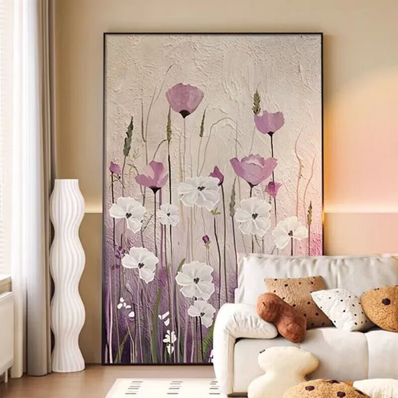 Modern Cream Style White Purple Flower Hand Drawn Oil Painting Art Poster Living Room Decoration Painting Dining Room Living Sof