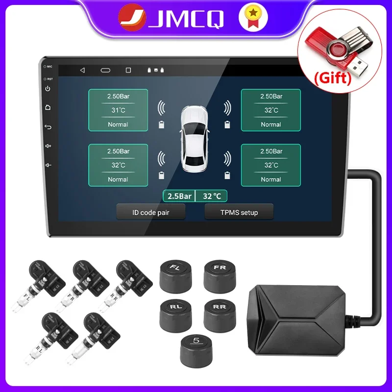 JMCQ USB Android TPMS Tire Pressure Monitoring System Display Alarm System Internal External 5 Sensors For Car Navigation Radio