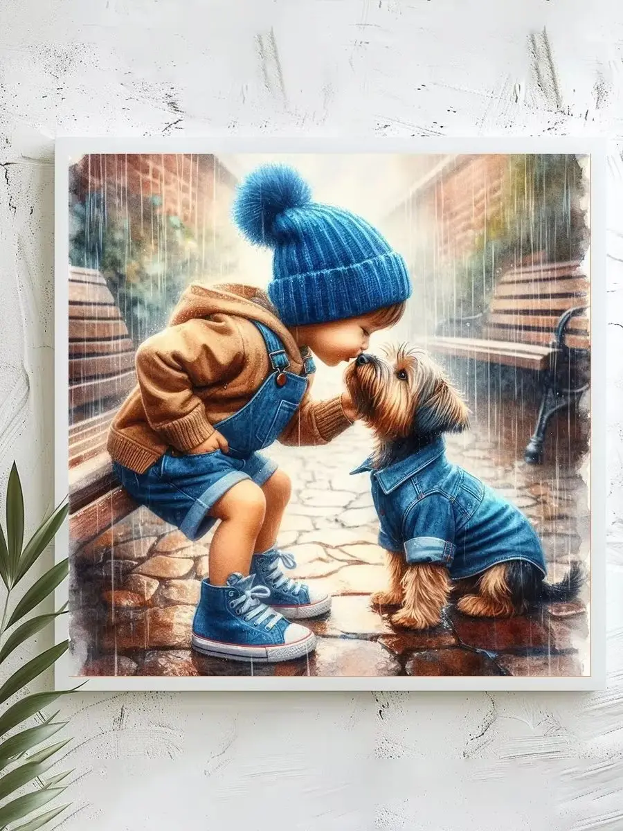 1 Stück 40x40 cm/15,74 Zoll, 11Ct/14Ct Kreuzstich-Set, DIY Valentinstagsgeschenk, Stickerei-Set für Festlichkeiten, Junge, der einen Küssenden Welpen im Regen betrachtet – Detail 1