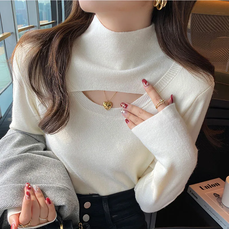 

Knitwears New Long Sleeve Knitted Sweater Women Pullovers Mock Neck Hollow Out Knit Sweater Pullover Women Tops Sweaters Q3429