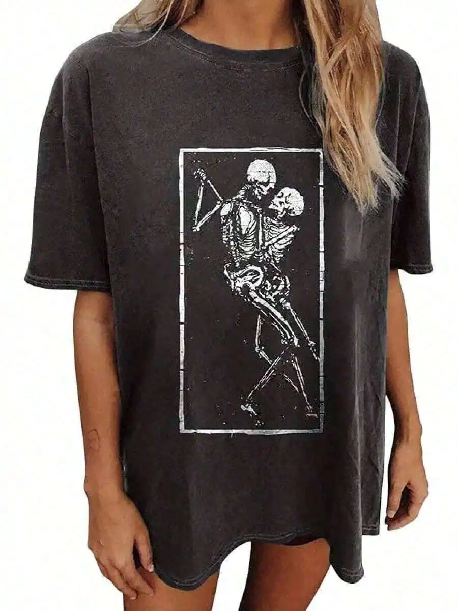 Trendy Gothic Skull Oversized Soft Cotton Unisex T-Shirt Lightweight Versatile Couple Matching Punk Daily Street Novelty Graphic Tee