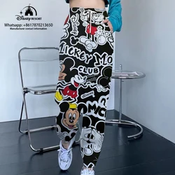 Calça esportiva feminina Mickey Minnie Mouse, estilo de rua Harajuku casual, pés pequenos, versátil, unissex, outono, novo, 2024