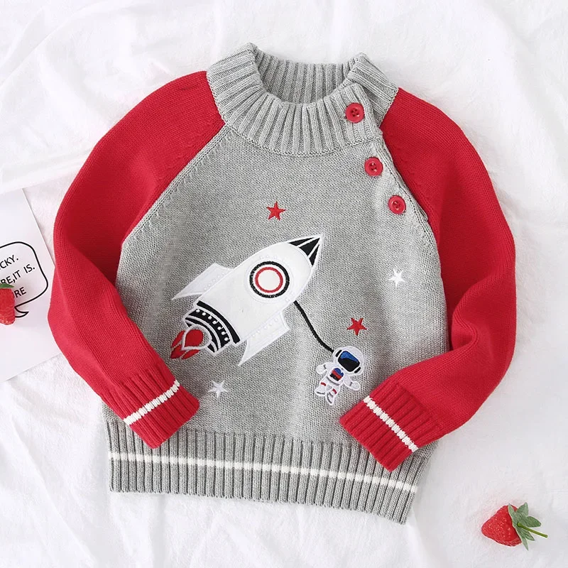 Christmas Kids Baby Boys Girls Long Sleeve Cartoon Rocket Pullover Sweaters Casual Autumn Baby Boy Girl Knit Children's Sweaters