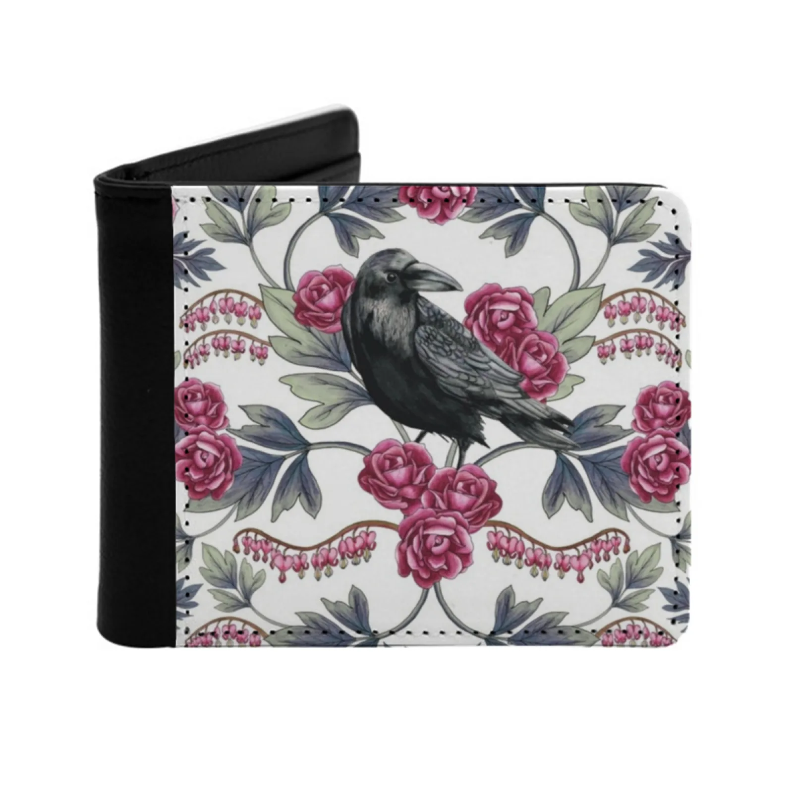 Crow Bleeding Heart Roses Floral Botanical Pattern Personalized Wallet For Men And Women Pu Leather Short Pocket Purse Crow