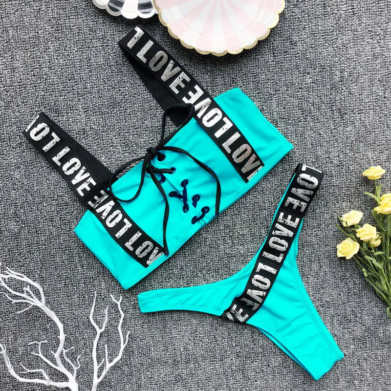 Conjunto de Bikini rojo Sexy para mujer, traje de baño Bandage con letras y cordones, de cintura baja, acolchado con realce, para playa, 2024