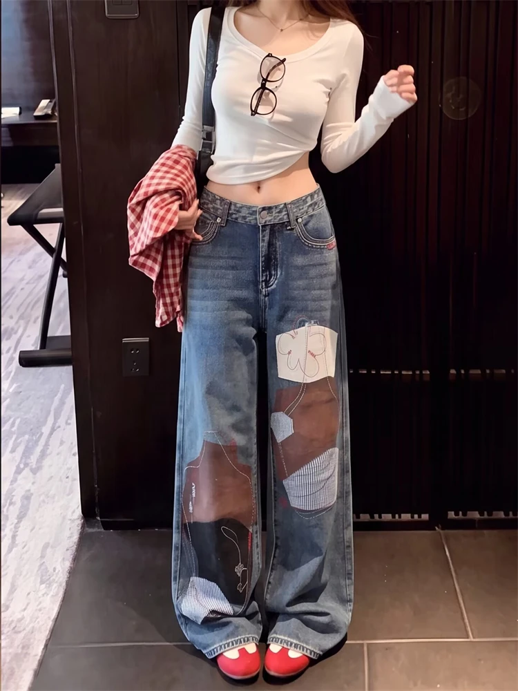 Women's Color-blocking Design Jeans Cool Girl Retro Bottoms Street Blue Casual Pants Wide Leg Sweatpants Female High Waist Pants