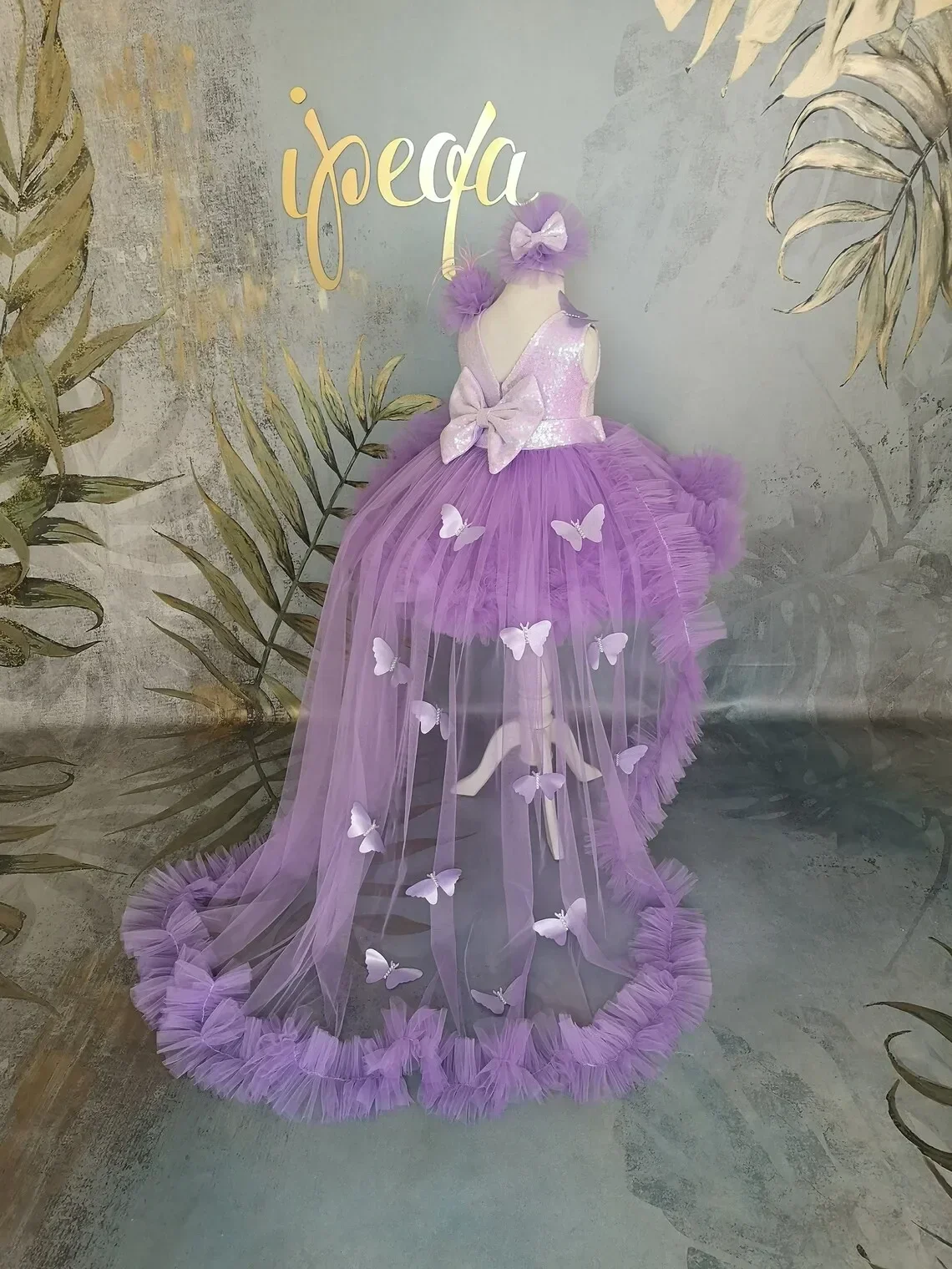 

Purple Flower Girl Dresses Children Butterfly Tulle Birthday Party Dress Sequin Bow Baby Kids Holy First Communion Prom Gown