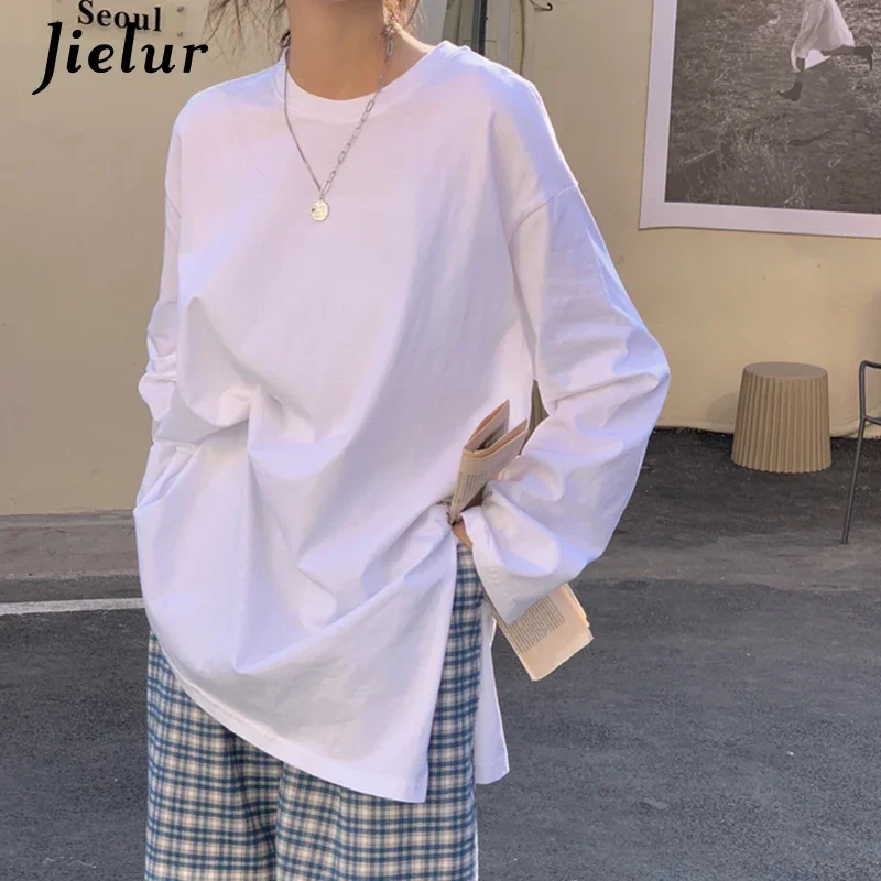 

Jielur Harajuku Top Loose White Basic T-shirt Women Autumn Split T-shirts Casual Long Sleeve Solid Color Female Tee Shirts S-L