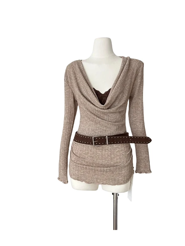 

2025 Autumn New Korean Sle Long Sve Knitted Lace Trim V-Ne Sexy Bal Crop Top Women's Faion Versatile Commute Wind