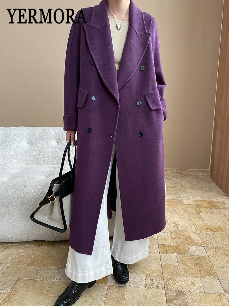 

YERMORA Purple Double Breasted Casual Woolen Coat For Women Lapel Long Sleeve Loose New Overcoat Fashion Tide Autumn Winter 2025