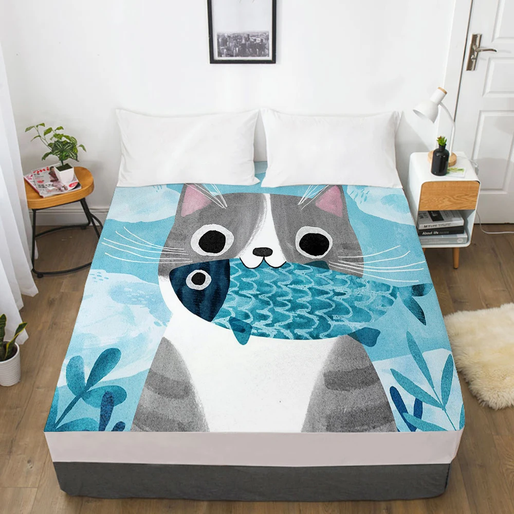 Imagem -03 - Gato dos Desenhos Animados Elástico Cabido Folha de Cama com Uma Faixa Elástica Colchão Capa Customizável Tamanho Adorável Capa de Cama para Crianças Céu