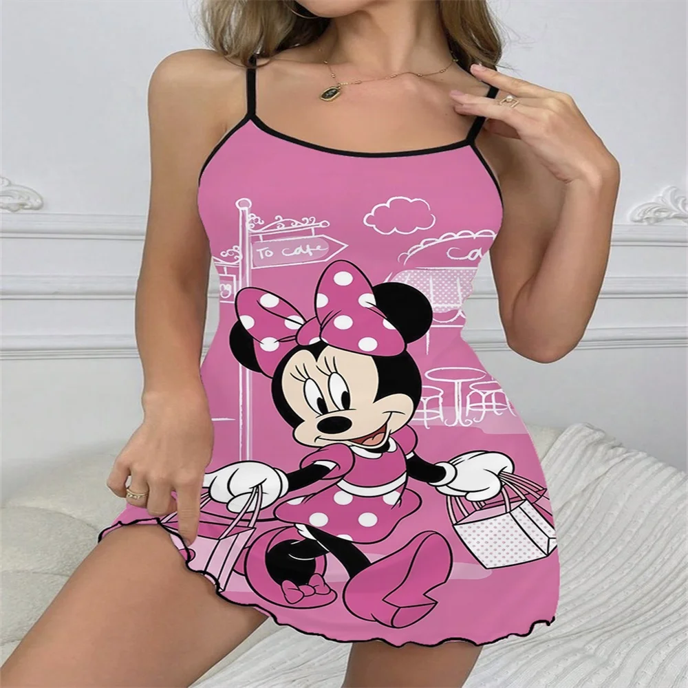 

2024 Summer New Comfortable Sleeping Dress for Women Sexy Romantic Women's Suspender Skirt Minnie Pattern Print Female Pajama