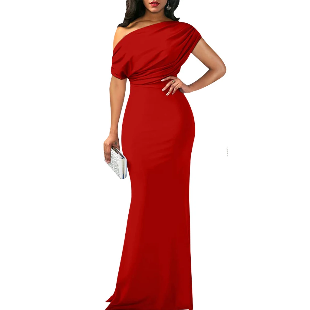 Women Oblique Shoulder Slim Folds Long Dress Elegant Evening Party Floor Length Dresses Vestido de festa