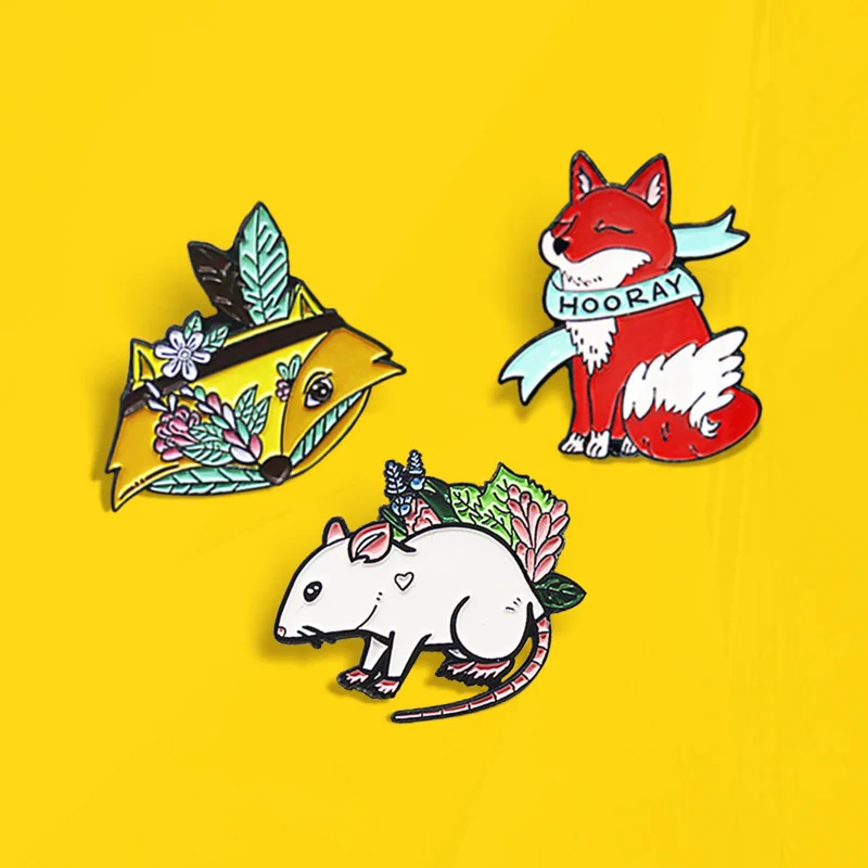 Banner HOORAY Plant flowers Pines Bag Clothes Lapel Badges Funny Jewelry Cartoon Animal Enamel  Brooch Custom White Rat Red Fox