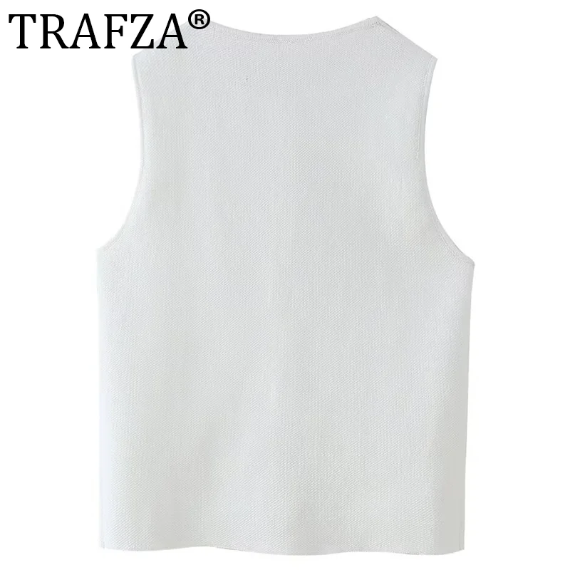 TRAFZA Y2K White Knitted Women Jacket Vest 2024 Summer Thin Sleeveless Buttons Irregular Slim Tanks Female Crop Top
