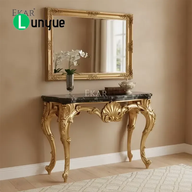 Classic French Rococo Gold Plated Entrance Table with Marble Top Luxury Console Table for Living Room Hallway Decor Elegant
