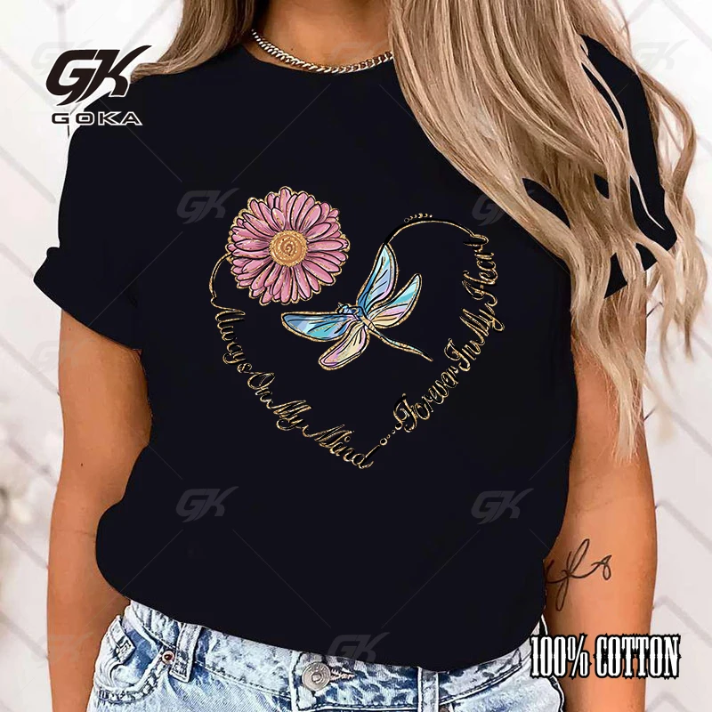 (Premium T-shirt)Dragonfly Always On My Mind Forever In My Heart Print T-Shrits For Women Summer Short Sleeve Round Neck tops