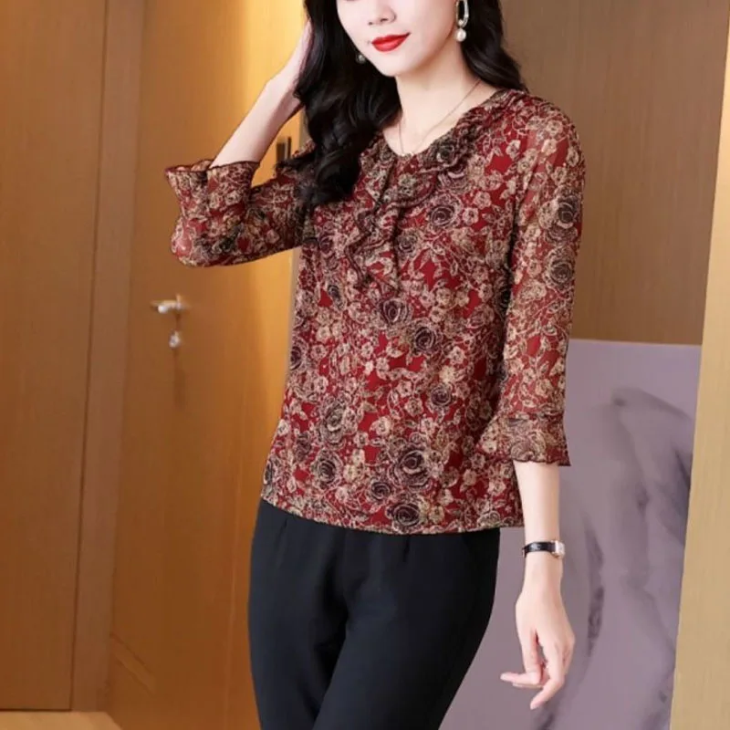 2023 Vintage Casual Female Clothing Summer Three Quarter Floral Printing Tops Women Butterfly Sleeve Pullovers T-shirt