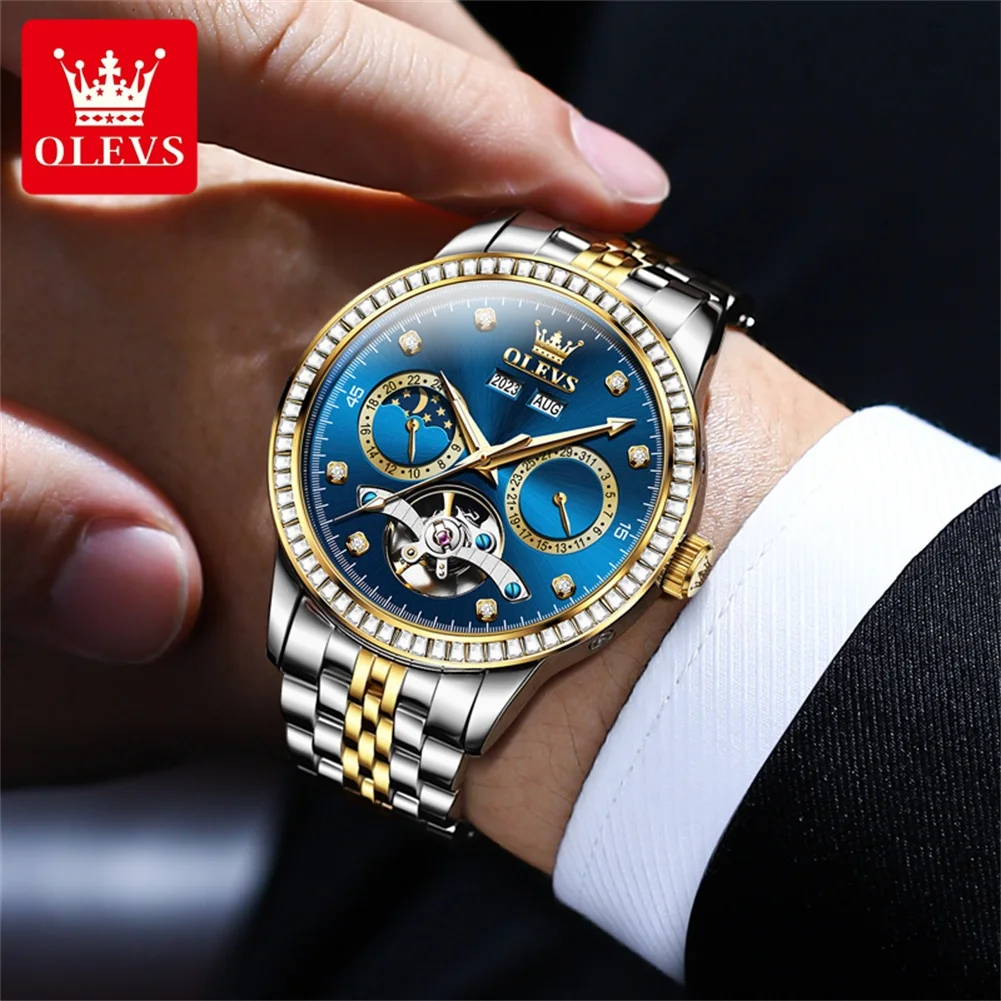 OLEVS Brand New Luxury Tourbillon Mechanical Watch for Men Stainless Steel Waterproof Fashion Diamond Moon Phase Mens Watches