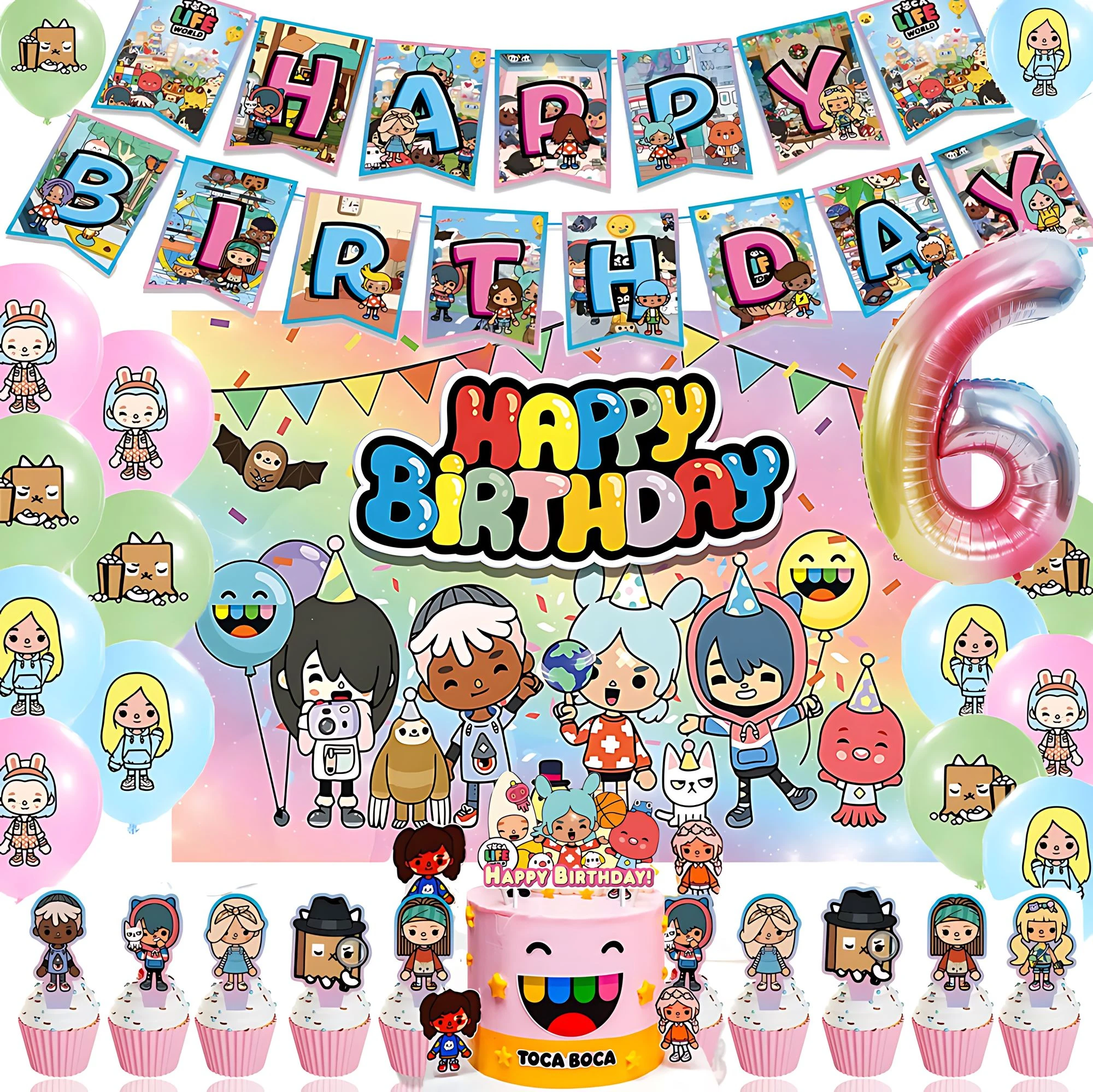 Toca Life World Theme Birthday Party Balloon Banner Backgrounds Decoration Cake Topper Cartoon Game Girls Party Supplies Gifts