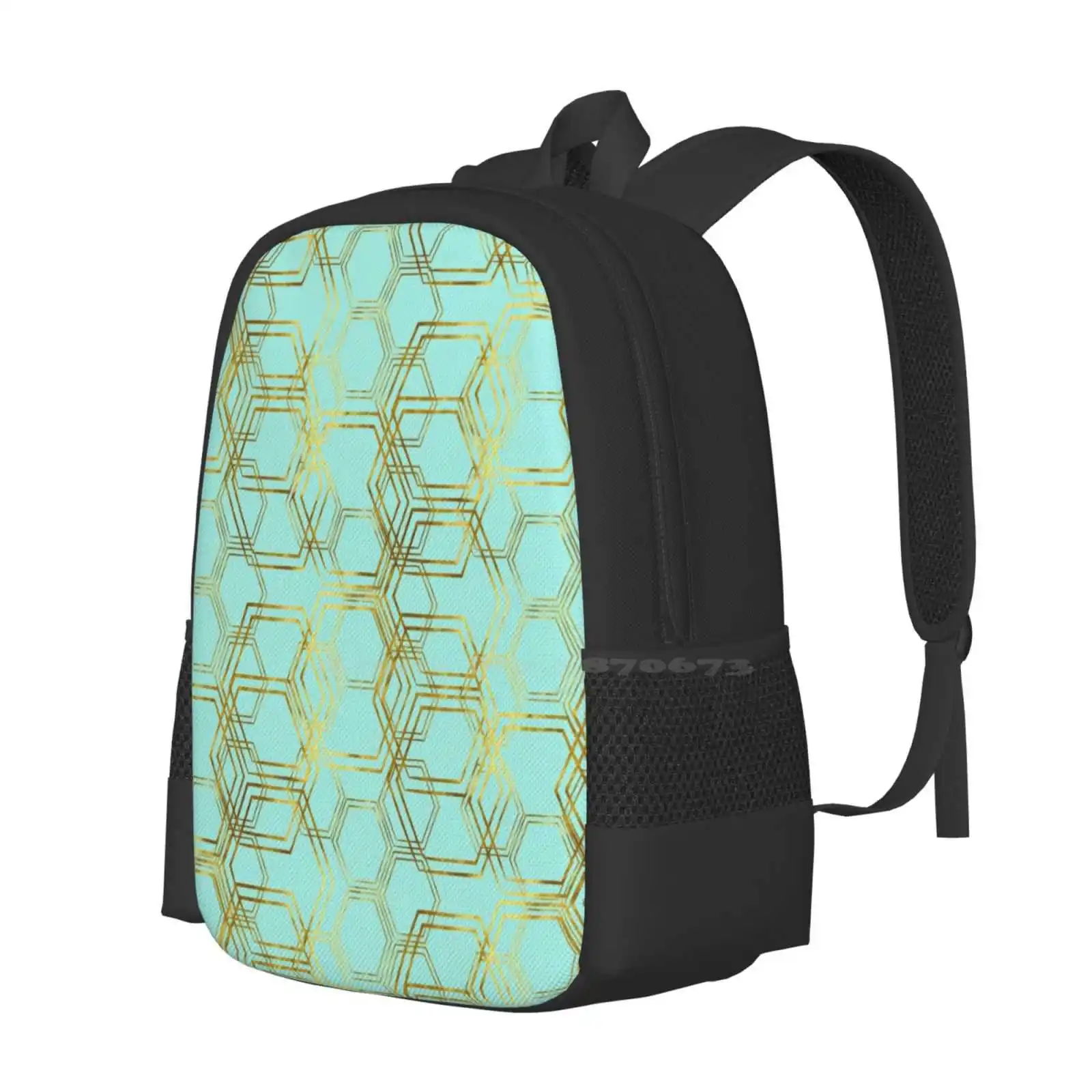 Hexagold School Bags For Teenage Girls Laptop Travel Bags Hexagon Geometric Gold Glitter Sparkly Sparkle Aqua Turquoise Blue