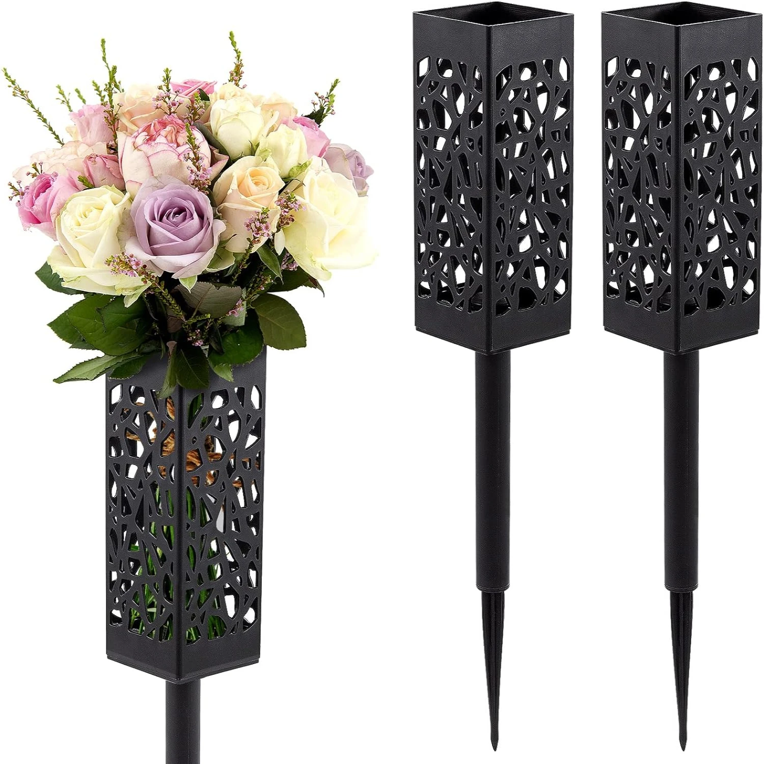 

Large 17'' Cemetery Vase Holders - Tough Plastic Material, Spike Stake, Draining Holes - Memorial Grave Flower Marker