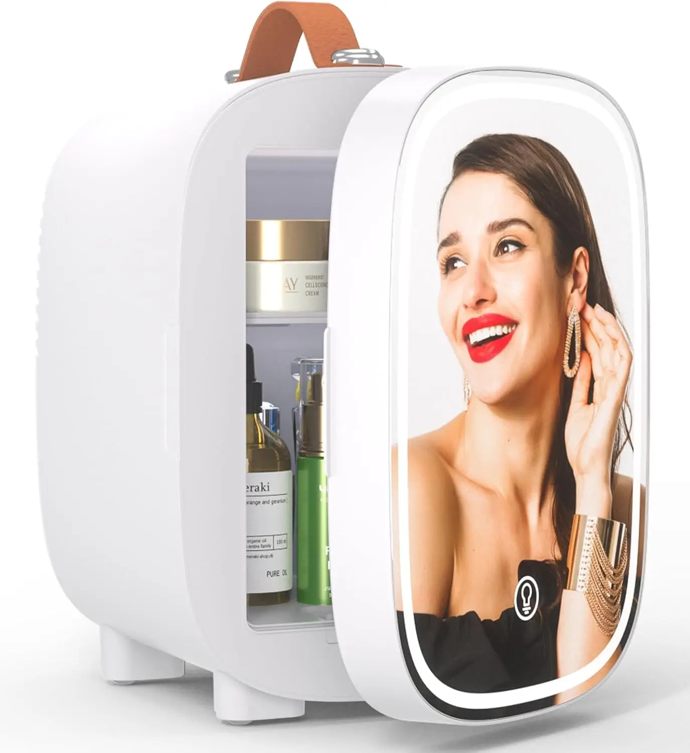 

Портативный мини-холодильник с зеркалом для ухода за кожей, еды и напитков - 4 л/6 банок, охлаждение/нагрев, питание от AC/DC/USB для общежития, офиса, автомобиля