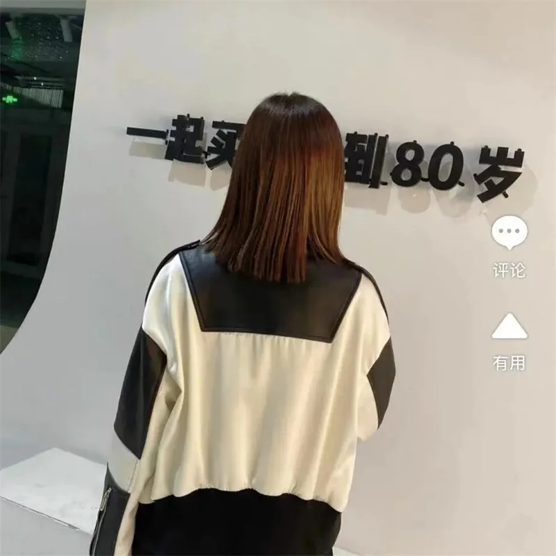 Fashion Leather Coat Women\'s Spring Autumn Sheepskin Short Jacket Motorcycle Jacket Casual Slim Design Splicing Ladies\' Jacket