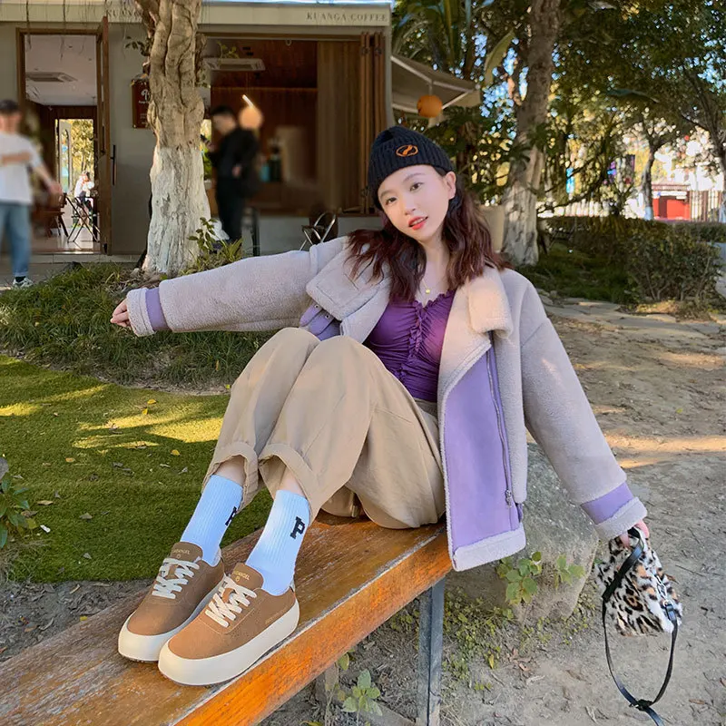 Zapatos de estrella de cuero genuino para mujer, zapatos de suela gruesa de gamuza de felpa, edición coreana con cordones, zapatos sucios de cabeza redonda, Invierno 2023