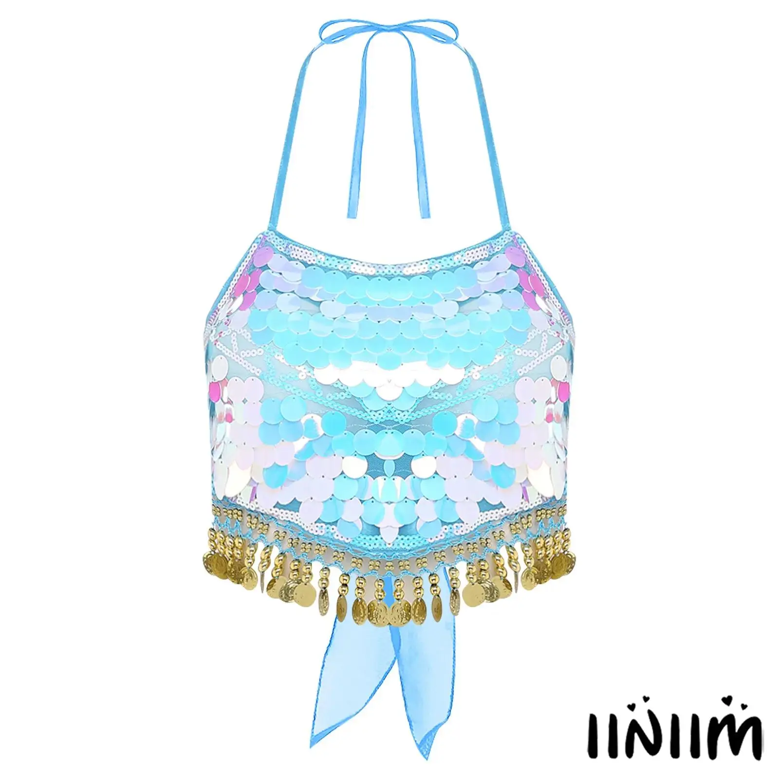 

Womens Belly Dance Performance Top Halter Backless Sparkly Sequin Fringe Bra for Stage Prom Dance Class Wear Lyrical Dancewear