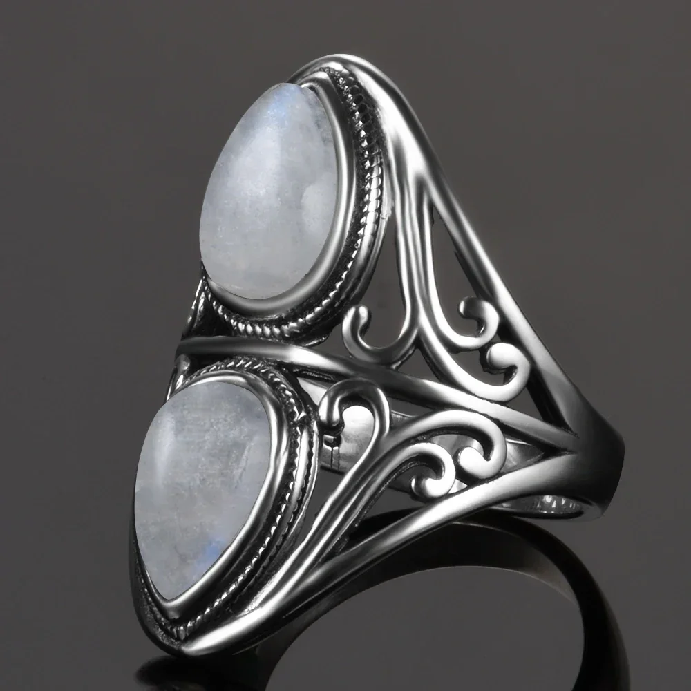 Waterdrop Shape 6*9MM Natural Moonstone Ring 925 Sterling Silver Vintage Rings for Women Men Fine Jewelry Big Ring Gifts