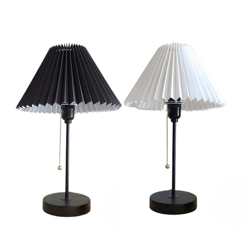 

Simple design Table Lamps E27 Bedside Desk Lamp with pleated Shade with Pull Chain Metal Nightstand Lamp for Living Room Bedroom