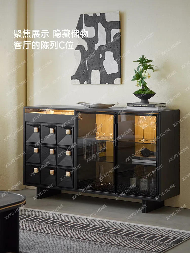 Edge cabinet integrated against the wall, black half wall, low cabinet, retro wine cabinet, storage cabinet, solid wood storage
