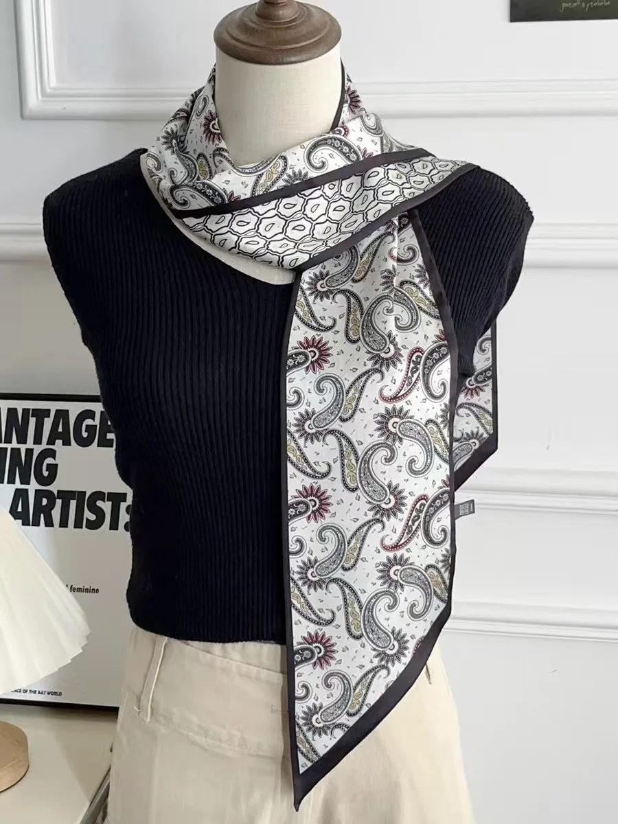 Neuer Langer Seidenschal für Damen, Luxuriöses Paisley-Muster Stirnband, Weicher Satin-Schal, Handtaschenband, Foulard, Hijab, Halstuch, Haarband – Detail 7