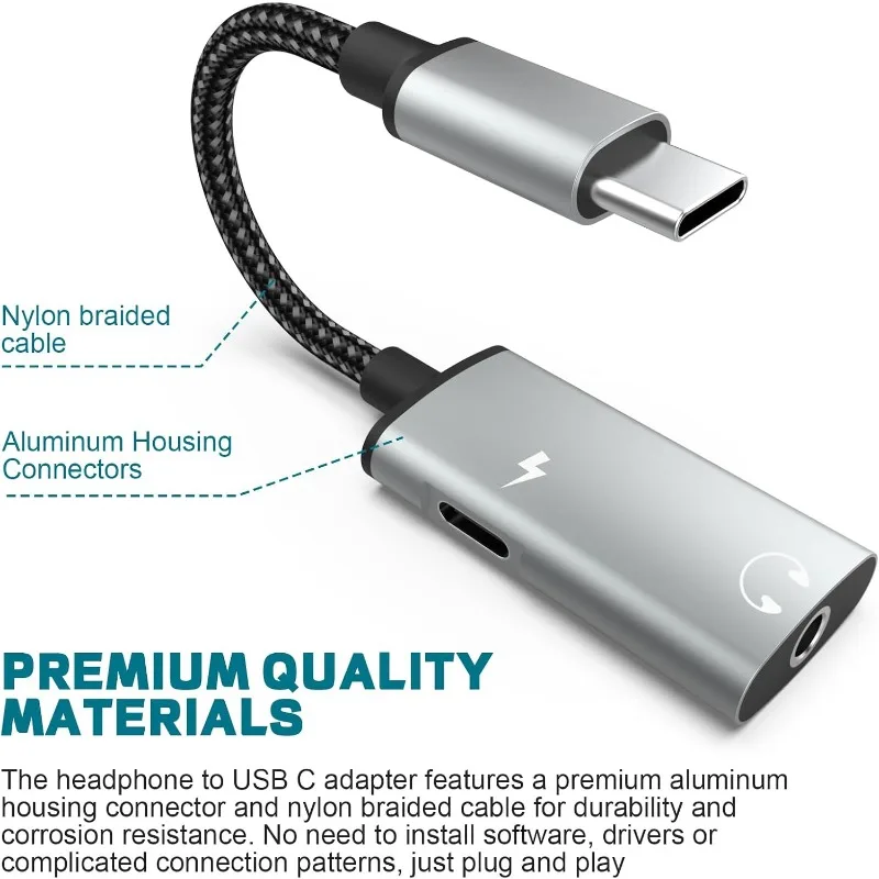 

2 in-1 USB C To 3.5mm Headphone Audio Adapter with PD 60W USB C Fast Charging and Stereo Headphone Jack